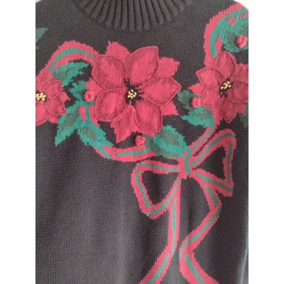 Vintage 90s Holiday Sweater L Pretty Bold Poinsettia Picone Sport Mock Neck - Picture 6 of 10